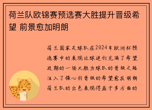 荷兰队欧锦赛预选赛大胜提升晋级希望 前景愈加明朗