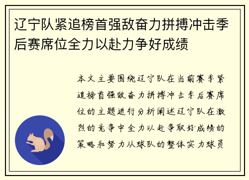 辽宁队紧追榜首强敌奋力拼搏冲击季后赛席位全力以赴力争好成绩